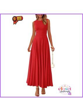PRETTYGARDEN Sleeveless Maxi Dress Flowy A-Line Pleated Tank Sundress